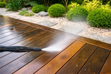 Pressure washing wooden deck outdoors