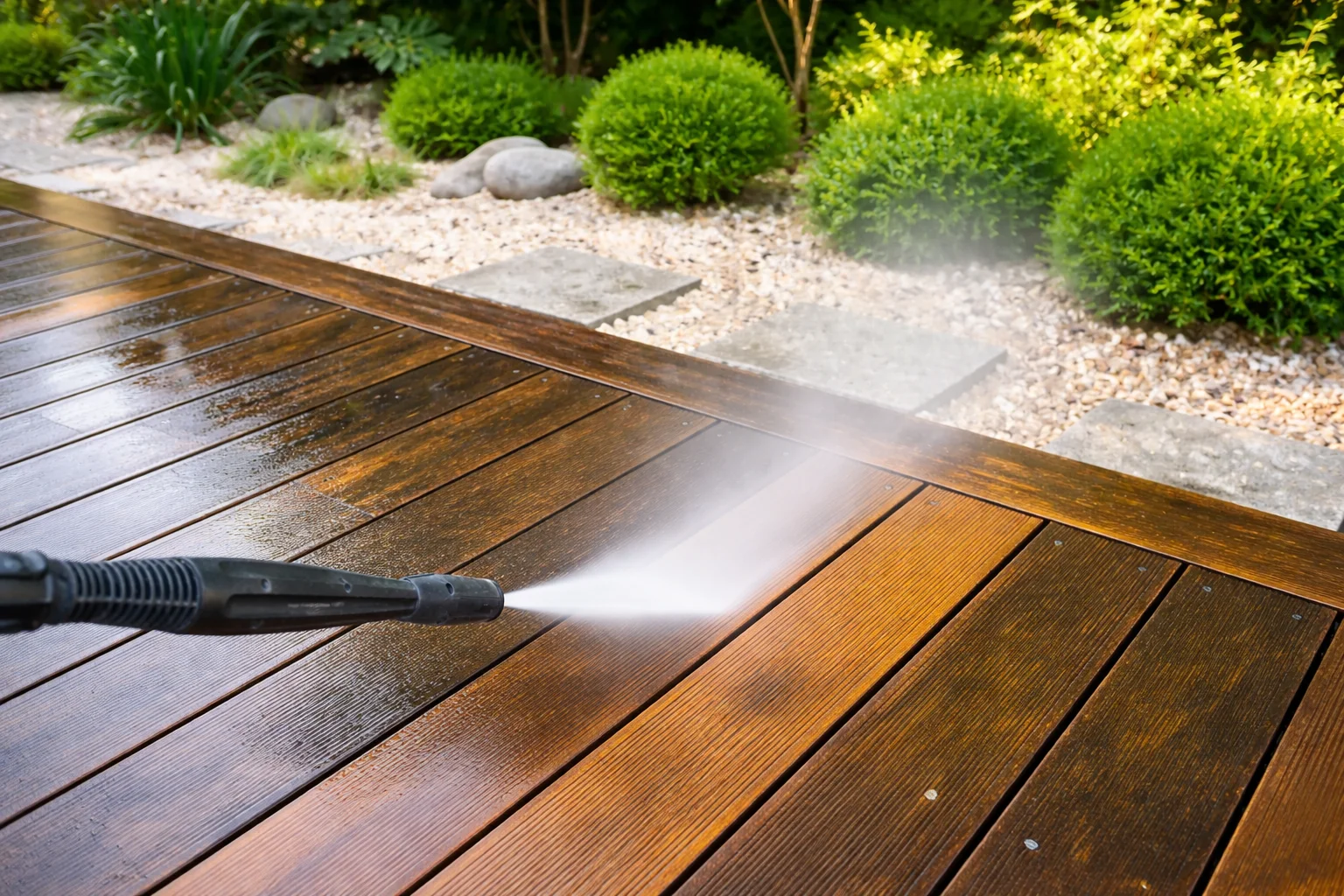 Pressure washing wooden deck outdoors